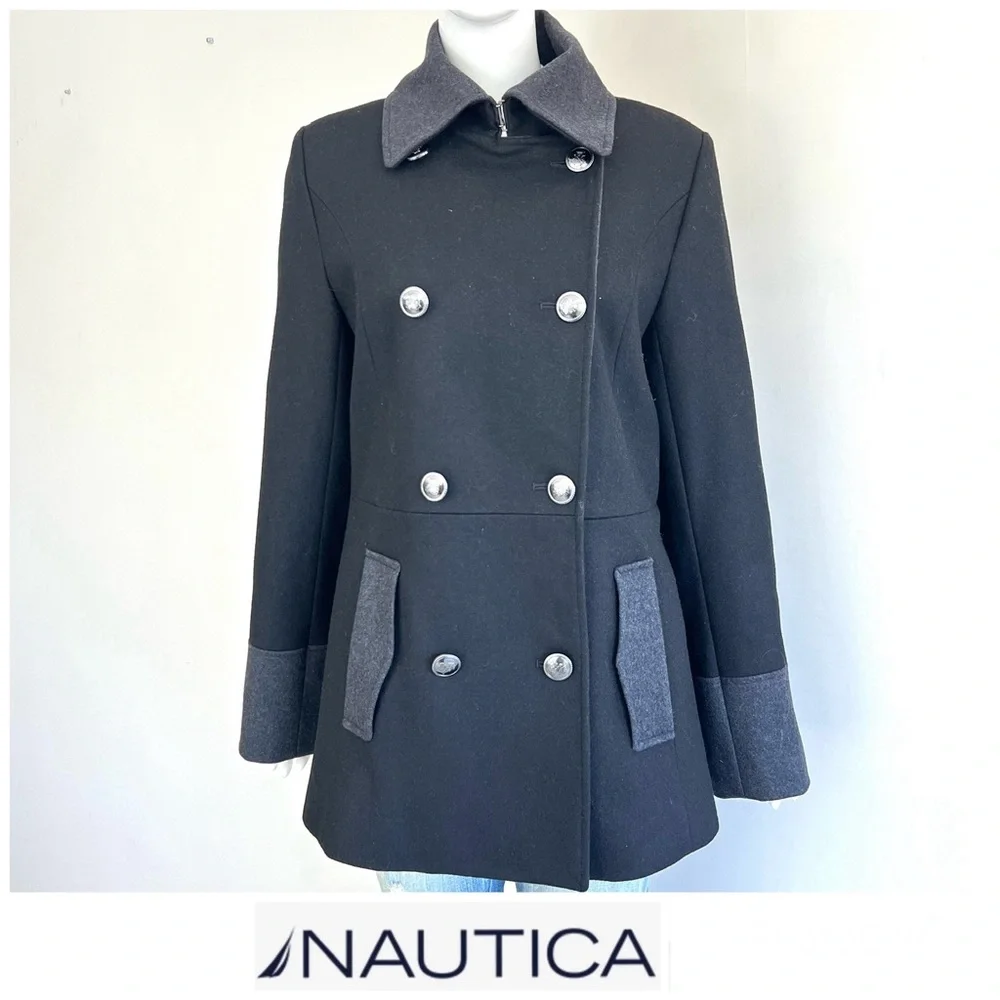 NAUTICA Women's Black Gray Trim Wool Blend Double Breasted Button Peacoat Sz M